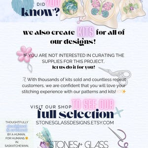 The image is an advertisement for a crafting supplies store, featuring various sewing and crafting supplies such as scissors, embroidery floss, and fabric. The text encourages customers to visit the store to see their full selection of kits and patterns, and offers a special promotion for repeat customers.