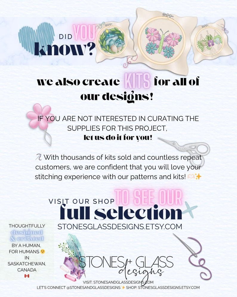 The image is an advertisement for a crafting supplies store, featuring various sewing and crafting supplies such as scissors, embroidery floss, and fabric. The text encourages customers to visit the store to see their full selection of kits and patterns, and offers a special promotion for repeat customers.