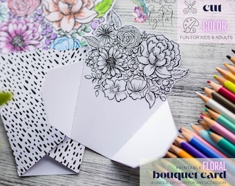 Floral Bouquet Coloring Card ~ Printable PDF