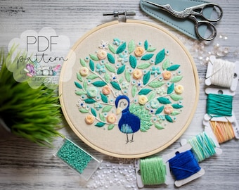 Botaniquill Peacockington Embroidery ~ Floral Peacock ~  Modern Hand Embroidery PDF ~ Digital Download ~ Beginner-Friendly DIY