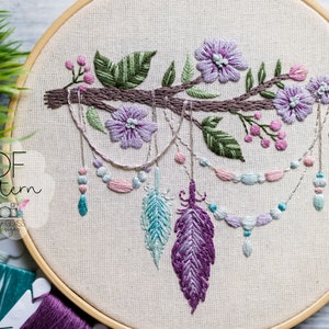 Boho Floral Branch Embroidery Pattern ~ Flowers Feathers Gemstones ~ Modern Hand Embroidery PDF ~ Digital Download