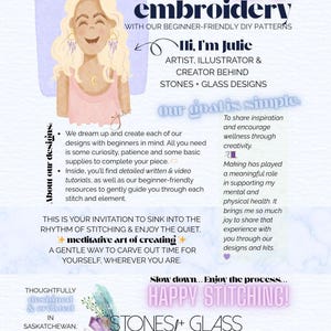 The image is a colorful and vibrant advertisement for a sewing and glass design company called "STONES & GLASS DESIGNS". The advertisement features a smiling woman with blonde hair, wearing a pink dress, and promoting the company's beginner-friendly DIY embroidery patterns.