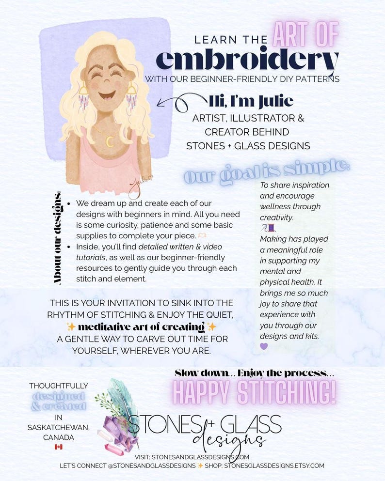The image is a colorful and vibrant advertisement for a sewing and glass design company called "STONES & GLASS DESIGNS". The advertisement features a smiling woman with blonde hair, wearing a pink dress, and promoting the company's beginner-friendly DIY embroidery patterns.