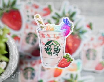 Strawberry Drink - Pink Iced Cup Sticker: Hand-Drawn Design {Waterproof Holographic}