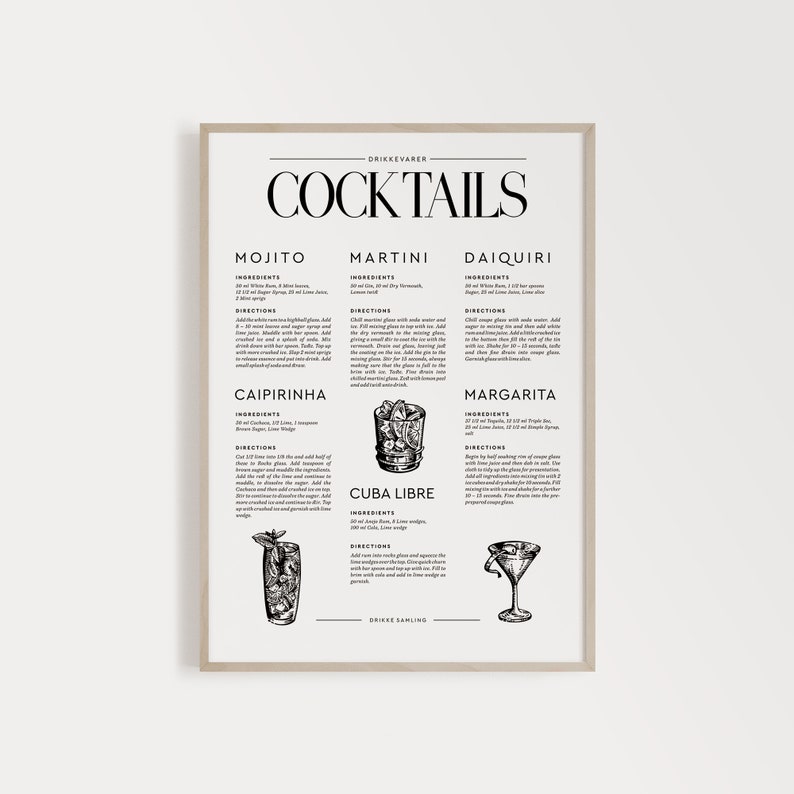 Printable Cocktail Poster Nordic Wall Print, Signature Drinks Bar Cart Art Print, Dorm Decorations, DIY Gift For Woman, Gifts For Boss Woman image 1