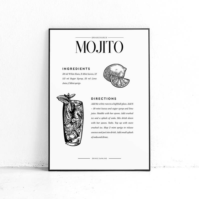 Printable Mojito Art Cocktail Recipe Signature Drinks Bar - Etsy