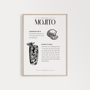 Printable Mojito Art Cocktail Recipe, Signature Drinks, Bar Cart Print, Nordic Print Design, Dorm Decor Ideas, College Student Gift image 1