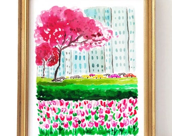 Tulips on Park Ave - Watercolor Art Print