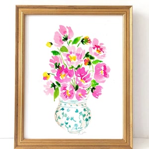 Peonies in Chinoise Vase - Watercolor Art Print {Floral Art, Preppy Wall Decor, Botanical Art, Vintage Flowers, Grand Millennial}