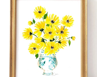 Sunflowers in Chinoise Vase - Watercolor Art Print {Floral Art, Preppy Wall Decor, Botanical Art, Vintage Flowers, Grand Millennial}