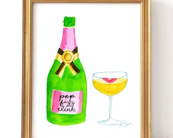 Bar Cart Art: Pop Fizz Clink, Champagne Art, {Grand Millennial Art, Preppy Art, Preppy Wall Art}