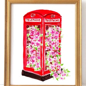 London Calling - Red Telephone Booth with Florals, London Art Print, HGTV