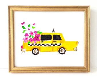 New York Taxi - Watercolor Art Print {NYC Taxi, Preppy Wall Decor, NYC Wall Art, New York Wall Art, Grand Millennial Style}