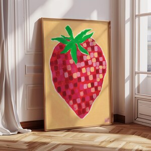 Impresión artística de fresa disco / Póster de arte mural / Bola de discoteca glamurosa / Preppy / Moderno / Decoración de cocina / Fruta disco / Póster de discoteca