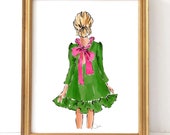 Watercolor Art Print - Green Dress Girl Preppy Wall Art, Grand Millennial Art, Preppy Art Print, Fashion Art Print