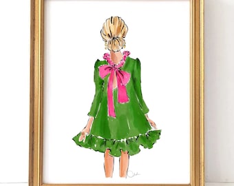 Watercolor Art Print - Green Dress Girl {Preppy Wall Art, Grand Millennial Art, Preppy Art Print, Fashion Art Print}