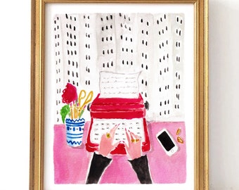 Typewriter Girl - Fashion Illustration Art Print, Watercolor Art Print, Preppy Wall Art