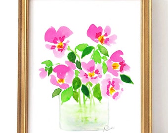 Pink Flowers in Glass Vase - Watercolor Art Print {Floral Art, Preppy Wall Decor, Botanical Art, Vintage Flowers, Grand Millennial Style}