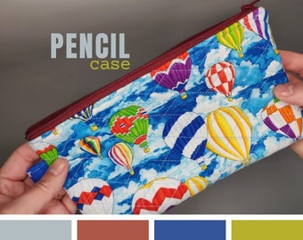 Quilted Cotton Hot Air Balloon Pencil Case / Star Print Lined Padded Make Up Pouch / Vibrant Fun Accessories Zip Purse / Robert Kaufman