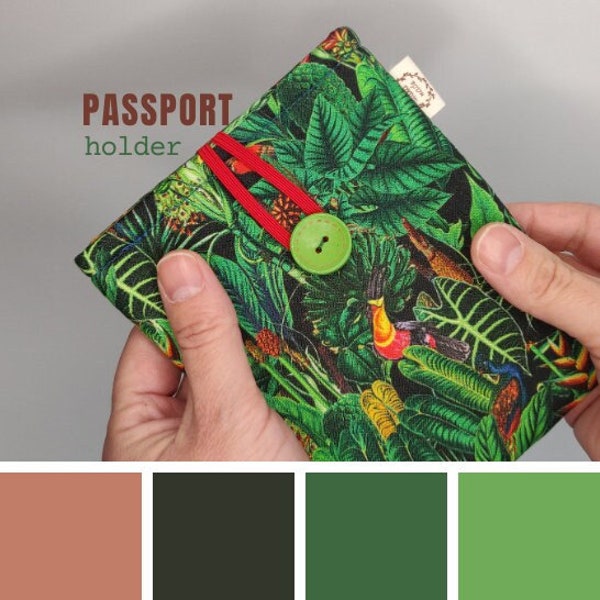 Padded Patterned Passport Holder / Tropical Print Bird Phone Case / Simple Purse Air Pod Sleeve / Vibrant Greens Pouch / Gift for Traveller