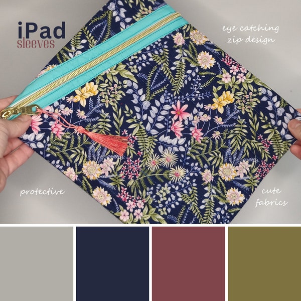 Botanical Print quilted iPad sleeve / Floral Padded modern tablet case / Protective Organiser Music Notes / Trapper Keeper / Vibrant Zipper