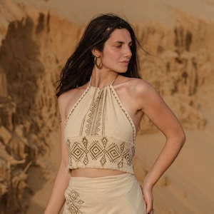 Verstelbare damestop van ruw katoen, tribal damestop, natuurlijke aardse damestop, damestop gratis maten