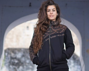 Chaqueta con capucha, chaqueta con capucha shipibo, ropa de festival, chaqueta urbana, suéter con capucha