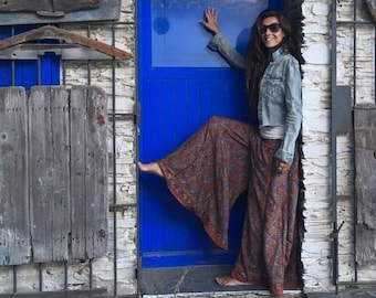 Boho Palazzo Pants, Wide Leg Trousers, Free Size Casual Skirt Pants