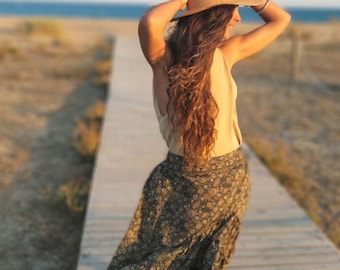 Falda larga estilo boho con volantes, bajo asimétrico, estilo boho.
