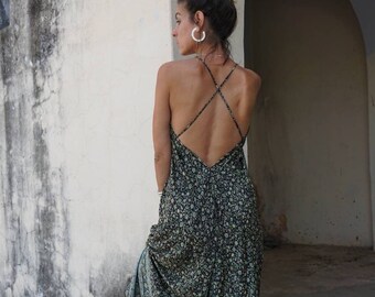 Robe largo boho, robe largo boho, robe d'espalda ouverte, tamaño libre, robe maxi, ropa coachella