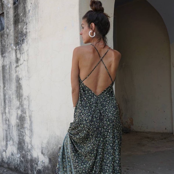 Vestido largo boho, vestido largo boho, vestido de espalda abierta, tamaño libre, vestido maxi, ropa coachella