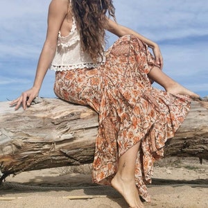 Lange rok met ruches, het voorpand is iets korter, lange bohorok, maxi-rok, boho-dames, boho-rok, lange zigeunerrok, vrije maat