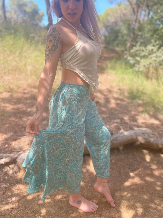 Palazzo Trousers extra wide leg BLOCK PRINT flares Hippy boho Baggy Pants Harem Cotton Women's Festival Party Summer Rainbow Colourful