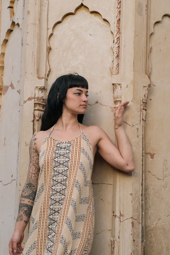 Ethnic Print Boho Maxi Dress, Open Back Rayon Gown