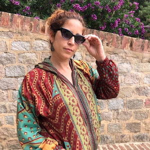 Reversible jacket,boho jacket,Hoodie Jacket, Indian Silk jacket,Slow Fashion,Vintage Bomber ,Upcycled Silk Bomber Jacket
