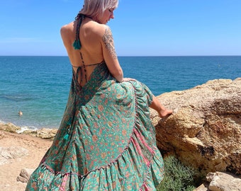 Robe longue à volants, robe longue bohème, robe longue maxi, robe longue bohème, bohème chic, taille libre, robe dos nu, vêtements coachella