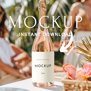 Champagne Bottle Label Mockup – PSD Smart Object 3x4 Ratio | Elegant Outdoor Party Scene for Wine, Rosé & Beverage Branding WI38