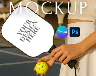 Mockup paletki do pickleballa z piłką – Szablon PSD Canva | Przeciągnij i upuść, natychmiastowe pobranie | Mockup produktu sportowego do druku na żądanie