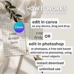 May include: A white mockup template with a grid pattern and the text "your design here" and "5x7 inches". The template is on a white surface with a green plant and the text "HOW IT WORKS EDIT WITH CANVA" above it. The text "edit in canva on any device, drag and drop" is below the template. The text "your desig OR edit in photoshop or photopea, a free web based alternative to photoshop, using smart objects" is below the text "edit in canva". The text "instant download unlimited use" is at the bottom of the image.