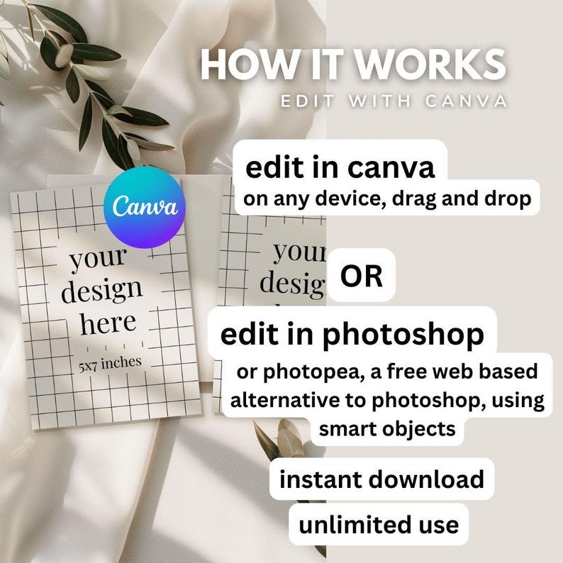 May include: A white mockup template with a grid pattern and the text "your design here" and "5x7 inches". The template is on a white surface with a green plant and the text "HOW IT WORKS EDIT WITH CANVA" above it. The text "edit in canva on any device, drag and drop" is below the template. The text "your desig OR edit in photoshop or photopea, a free web based alternative to photoshop, using smart objects" is below the text "edit in canva". The text "instant download unlimited use" is at the bottom of the image.