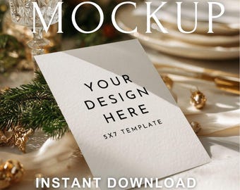 5x7 Christmas Card Mockup – Holiday Invitation Template on Elegant Festive Table with Gold Ornaments & Crystal Glasses | PSD Smart Object