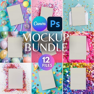 Pacote de 12 Mockups de convites coloridos | Cenas de cartões de felicitações para festas 5x7 | Casamento, designs de menu | Compatível com Canva e Photoshop