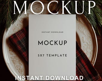 5x7 Mockup Ralph Lauren Christmas Invitation | PSD Smart Object | Plaid Tartan Holiday Flat Lay | Luxury Heritage Stationery Scene