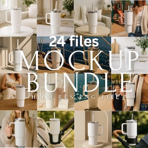 May include: A set of 24 high-resolution PNG files featuring a white tumbler with a straw and handle. The tumblers are shown in various settings, including a living room, a beach, and a stroller.