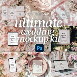 Pacchetto di mockup di inviti di nozze PSD / 52 mockup di Photoshop in stile con oggetti intelligenti / invito 5x7, cartello, menu, segnaposto, iPhone, disposizione piatta