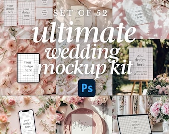 Puede incluir: Un conjunto de 52 plantillas de maqueta de boda con varios elementos como invitaciones, señalización y pantallas de teléfono. Las maquetas se colocan sobre un fondo de arreglos florales rosas y una iluminación suave.