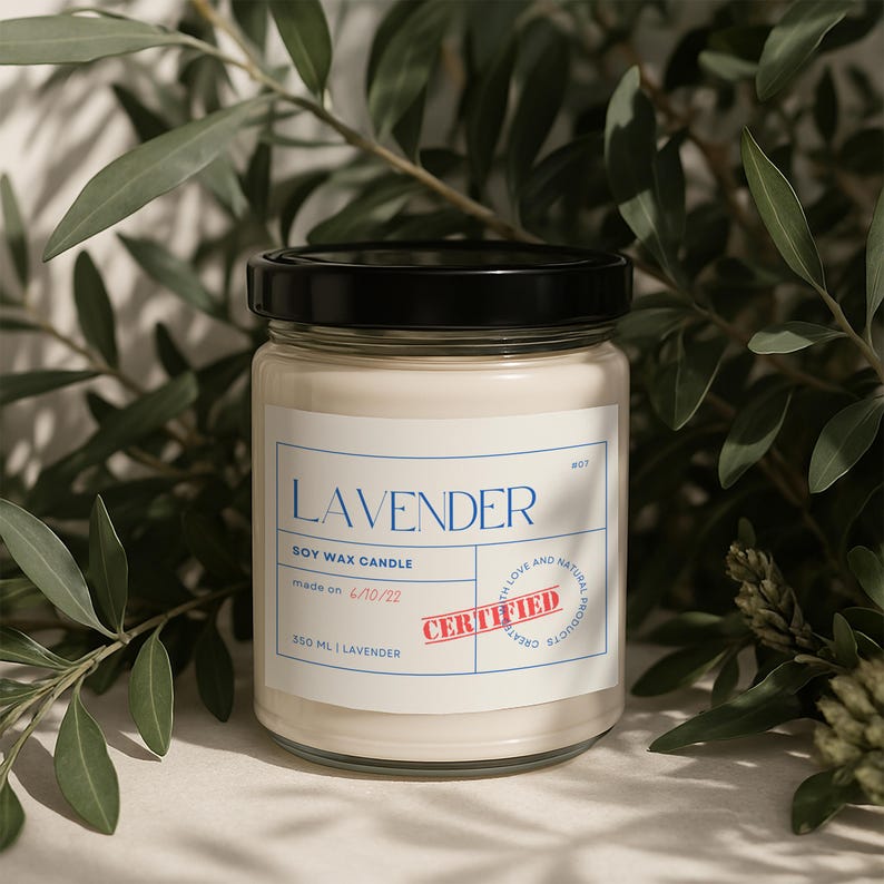 May include: A clear glass jar candle with a black lid. The label reads "LAVENDER SOY WAX CANDLE made on 6/10/22 350 ML | LAVENDER" with a red "CERTIFIED" stamp. The jar is surrounded by green foliage.