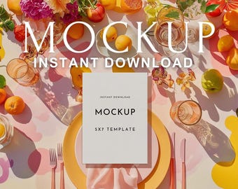 5x7 Invitation Mockup Summer Table Setting | Striped Picnic Card Template with Colorful Glassware | Wedding Stationery Flat Lay