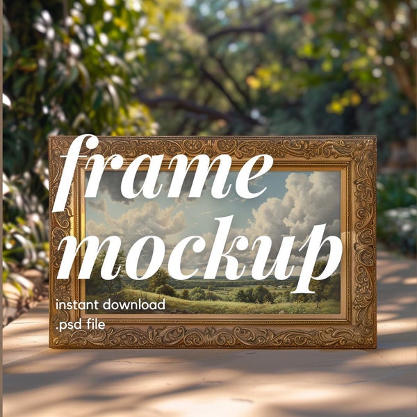 Antique Gold Frame mockup - ornate frame mockup rococo and baroque horizontal mockup moody art mockup shadows .psd mockup smart obecjts GF17