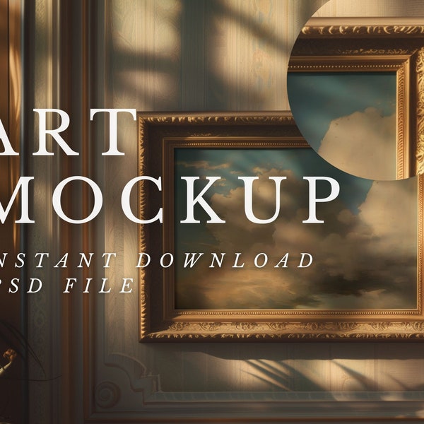 Antique Gold Frame mockup - ornate frame mockup rococo and baroque horizontal mockup moody art mockup shadows .psd mockup smart objects GF14